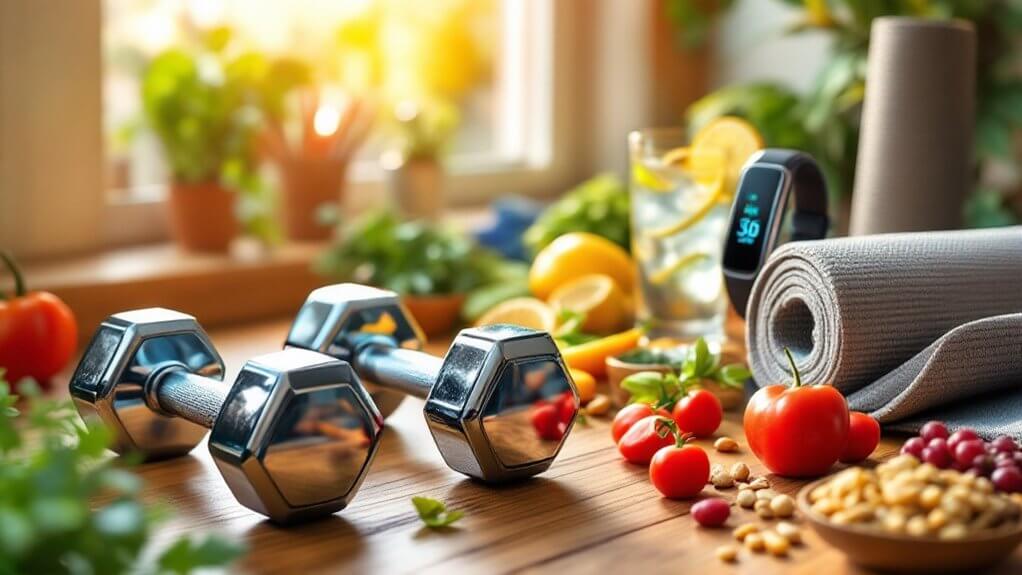 dumbbells and fruits on a table next to a yoga mat